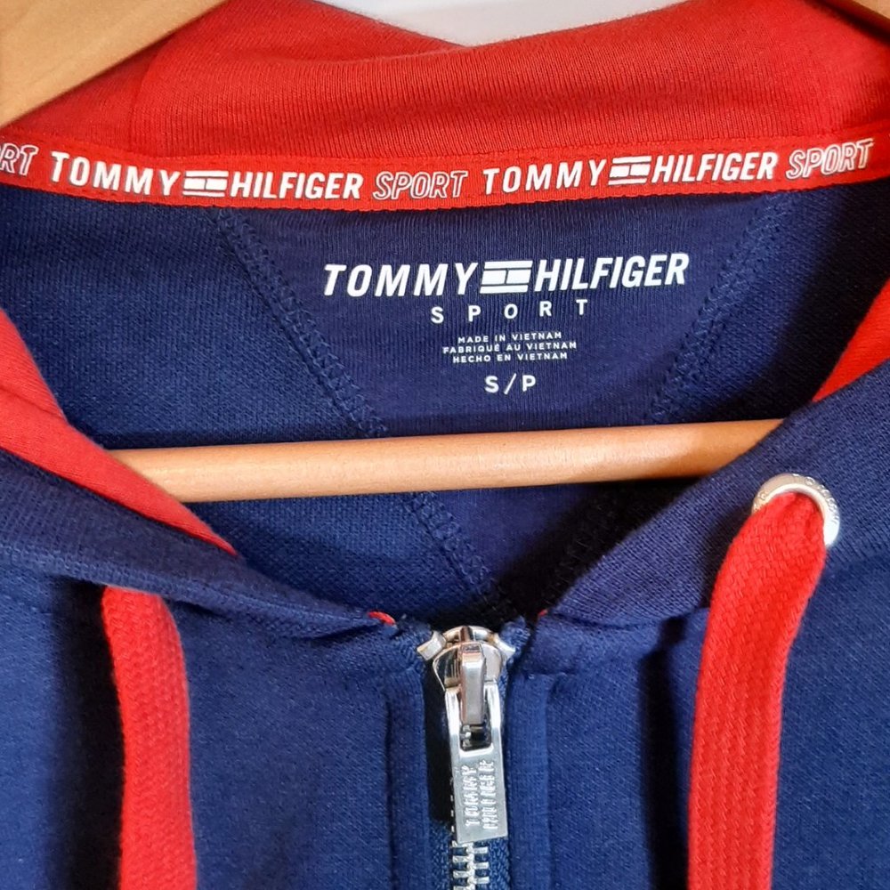 TOMMY HILFIGER SPORT NWOT Navy "TOMMY" Stripe Sleeve Full Zip Hoodie S - Picture 3 of 10